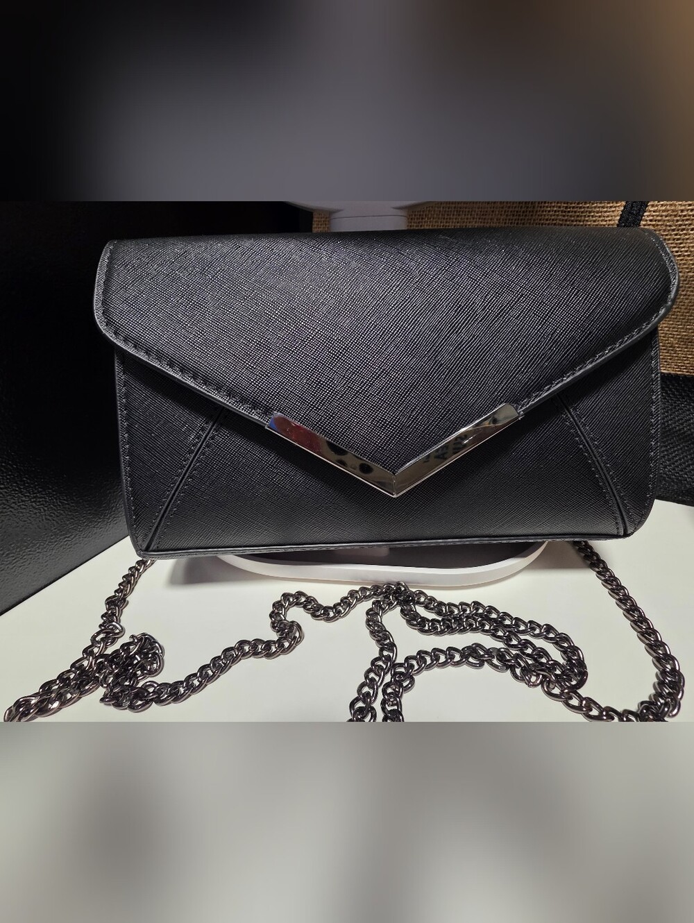Source Unknown Black Envelope Clutch with Silver V Accent